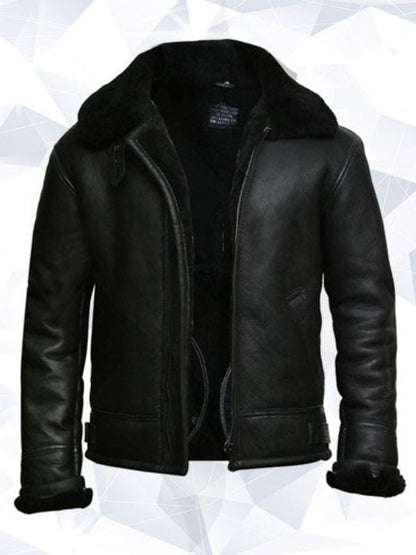 Men’s Black Aviator B3 Real Shearling Sheepskin Leather Bomber Flying Pilot Jacket