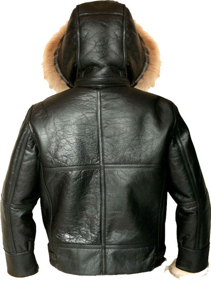 Men’s Hooded Flight Bomber Leather Jacket With Fur