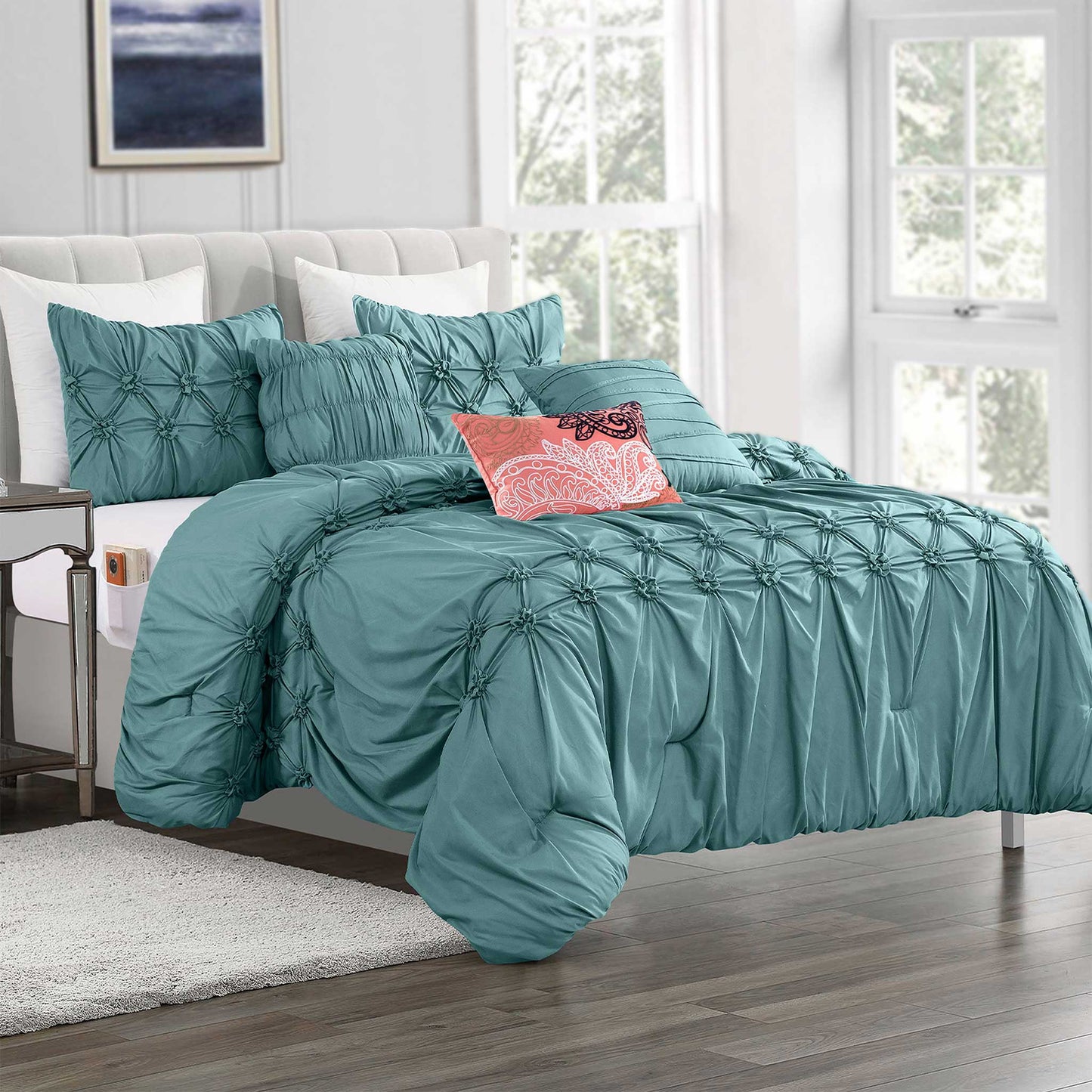 Mocassi 12-Piece Ella Pleated Ruched Pintuck Comforter Set, Includes 6-Piece Sheet Set with Double Sided Storage Pockets