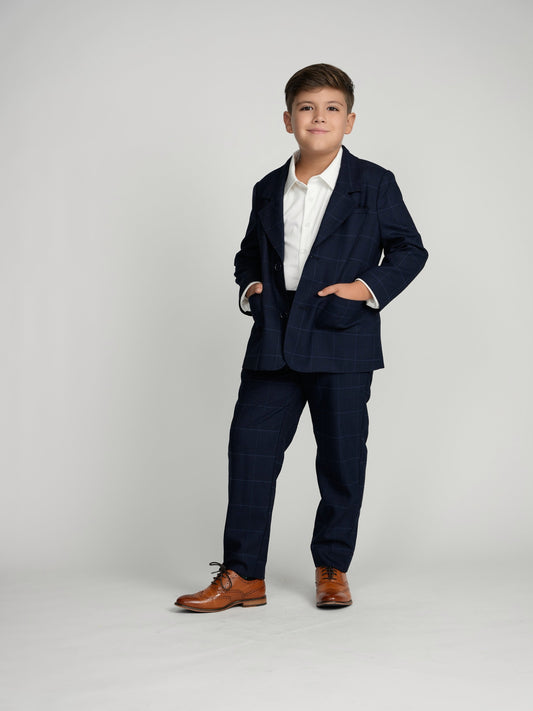 Navy Plaid Windowpane Dress Pants
