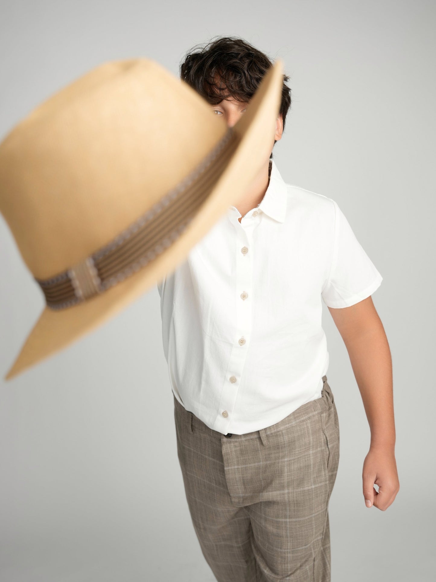 Tan Buttons Short Sleeve Dress Shirt with Paisley Contrast