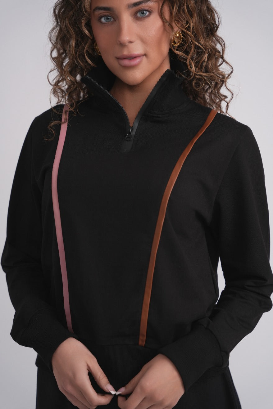 Leather Piping Half Zip Sweathsirt