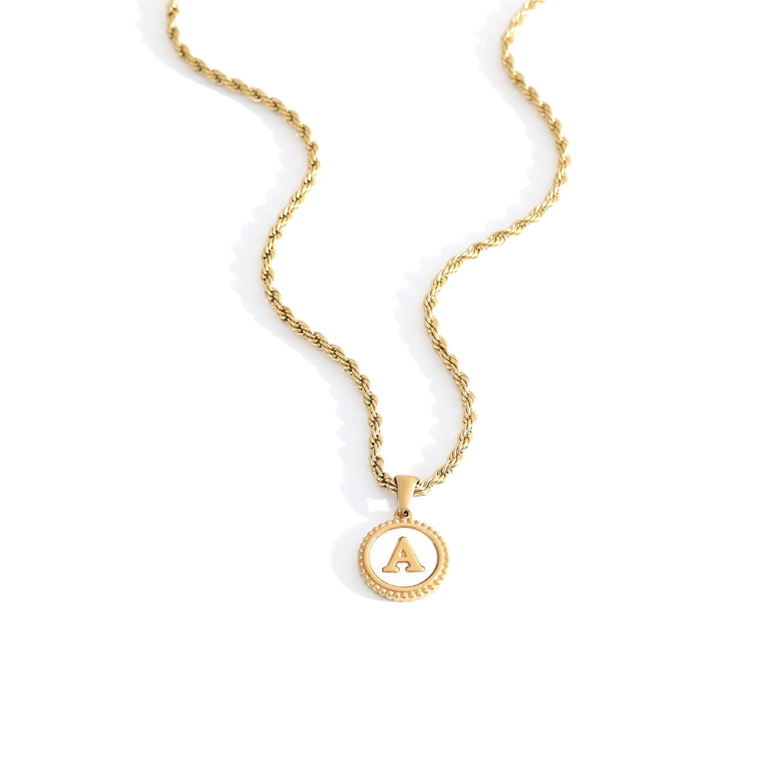 Mint & Lily Mother of Pearl Disc Letter Necklace with Rope Chain