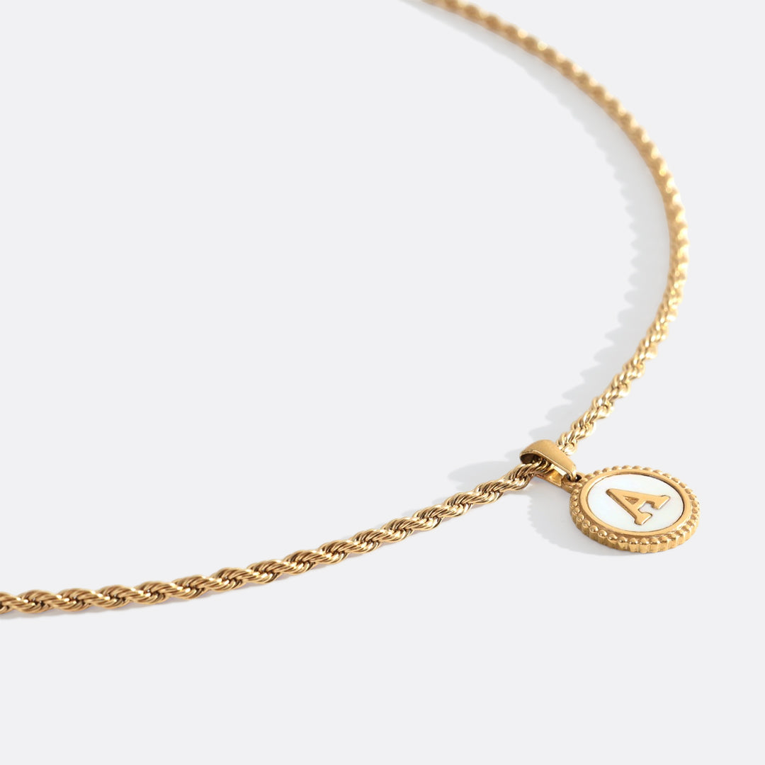 Mint & Lily Mother of Pearl Disc Letter Necklace with Rope Chain