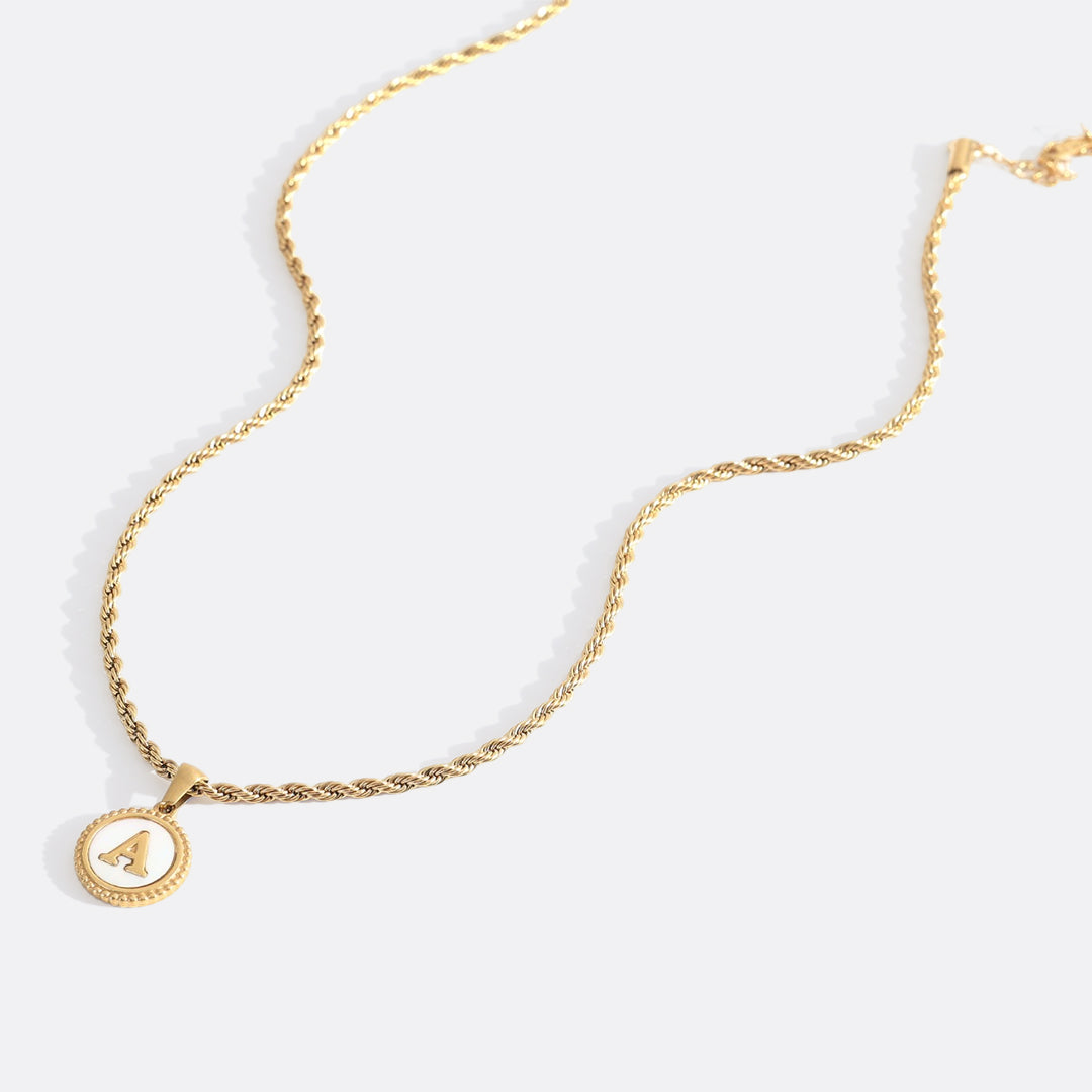 Mint & Lily Mother of Pearl Disc Letter Necklace with Rope Chain