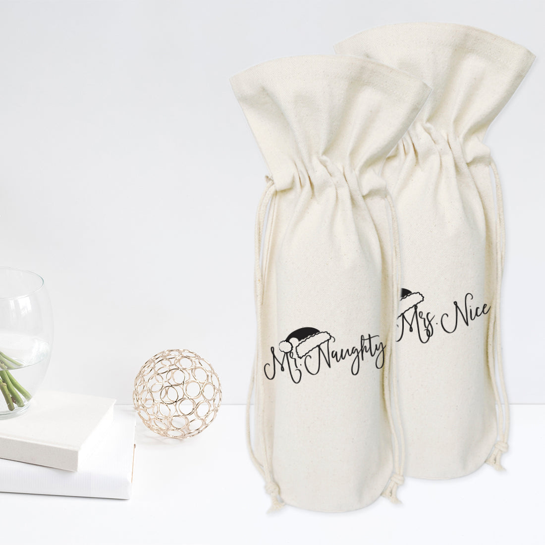 The Cotton and Canvas Co. Mr. Naughty and Mrs. Nice Christmas Cotton Canvas Wine Bag, 2-pack