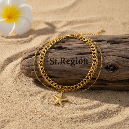 Goldtone Starfish Charm Layered Anklet