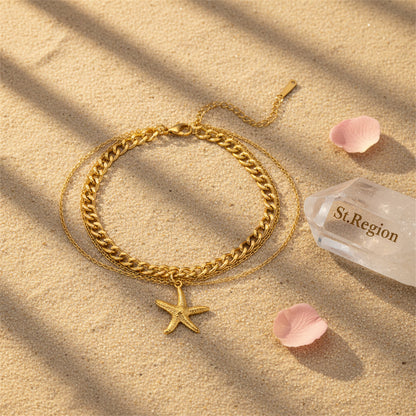 Goldtone Starfish Charm Layered Anklet
