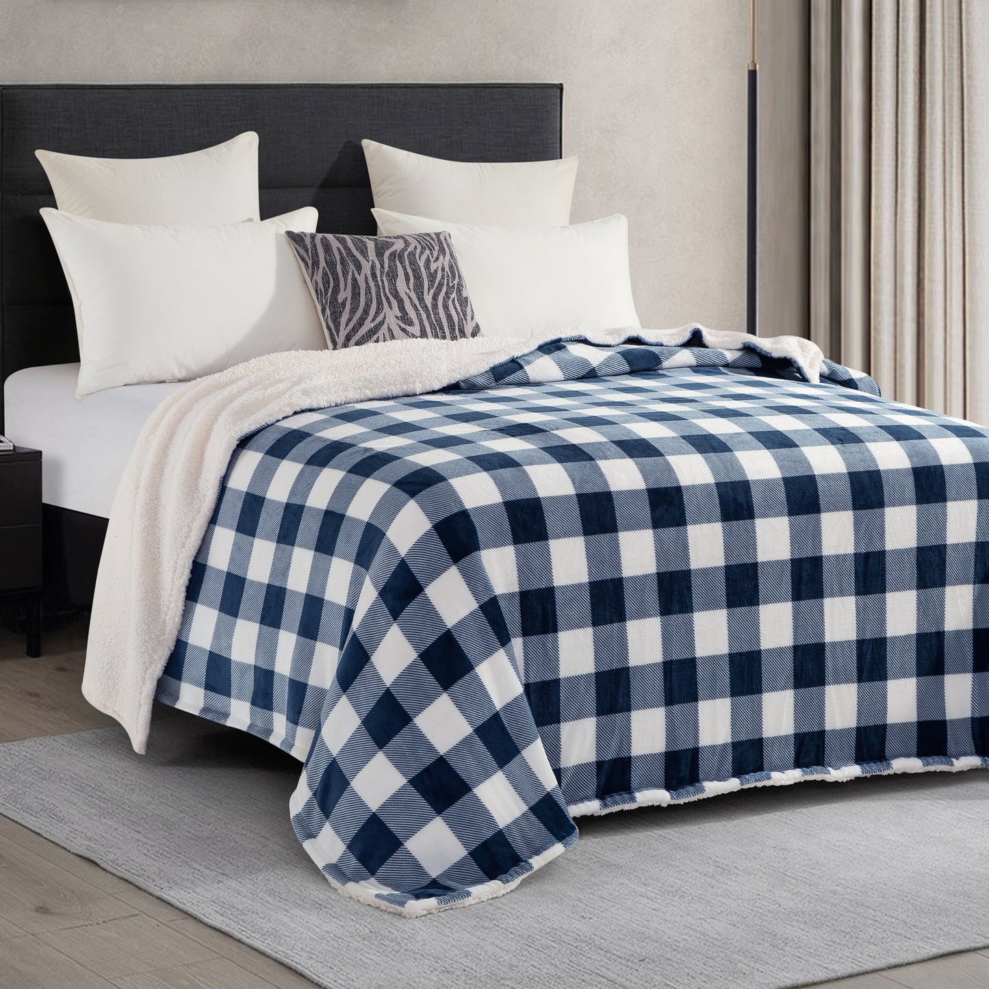 Elegant Comfort Buffalo Plaid Flannel Fleece Sherpa Throw Blanket