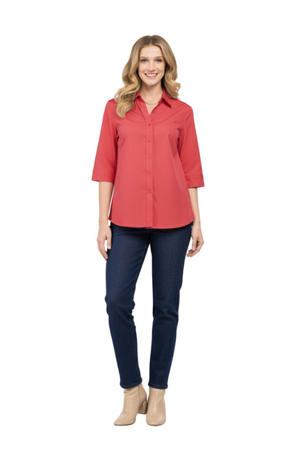 Womens Regular Fit 3/4 Sleeve Button Down Collared Camp Shirt