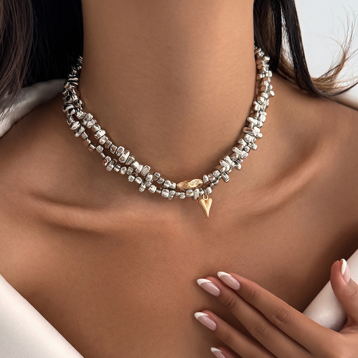Two Tone Irregular Beads Chain Heart Pendant Necklace Set