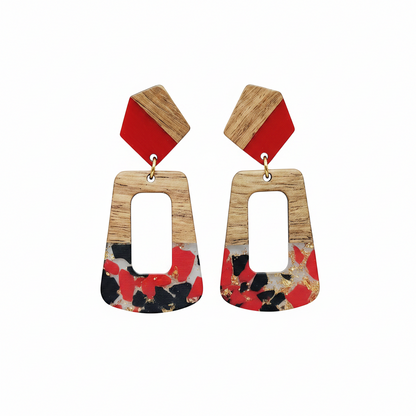 Red & Blue Resin Wood Goldtone Open Rectangular Hook Earrings