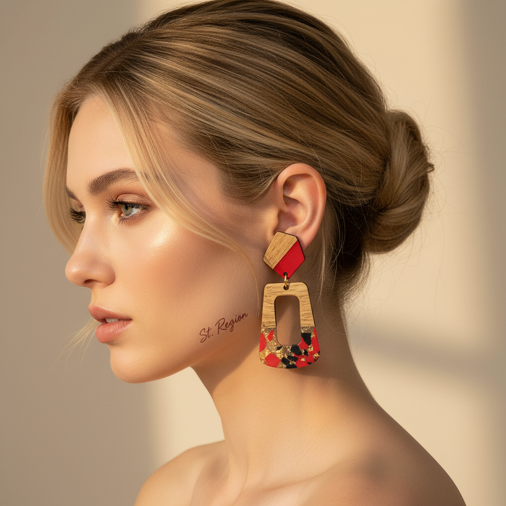 Red & Blue Resin Wood Goldtone Open Rectangular Hook Earrings