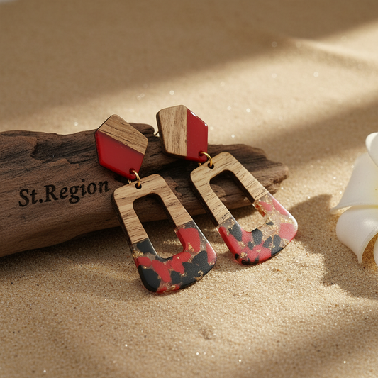 Red & Blue Resin Wood Goldtone Open Rectangular Hook Earrings