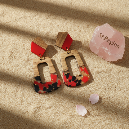 Red & Blue Resin Wood Goldtone Open Rectangular Hook Earrings