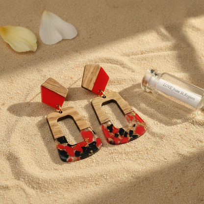 Red & Blue Resin Wood Goldtone Open Rectangular Hook Earrings