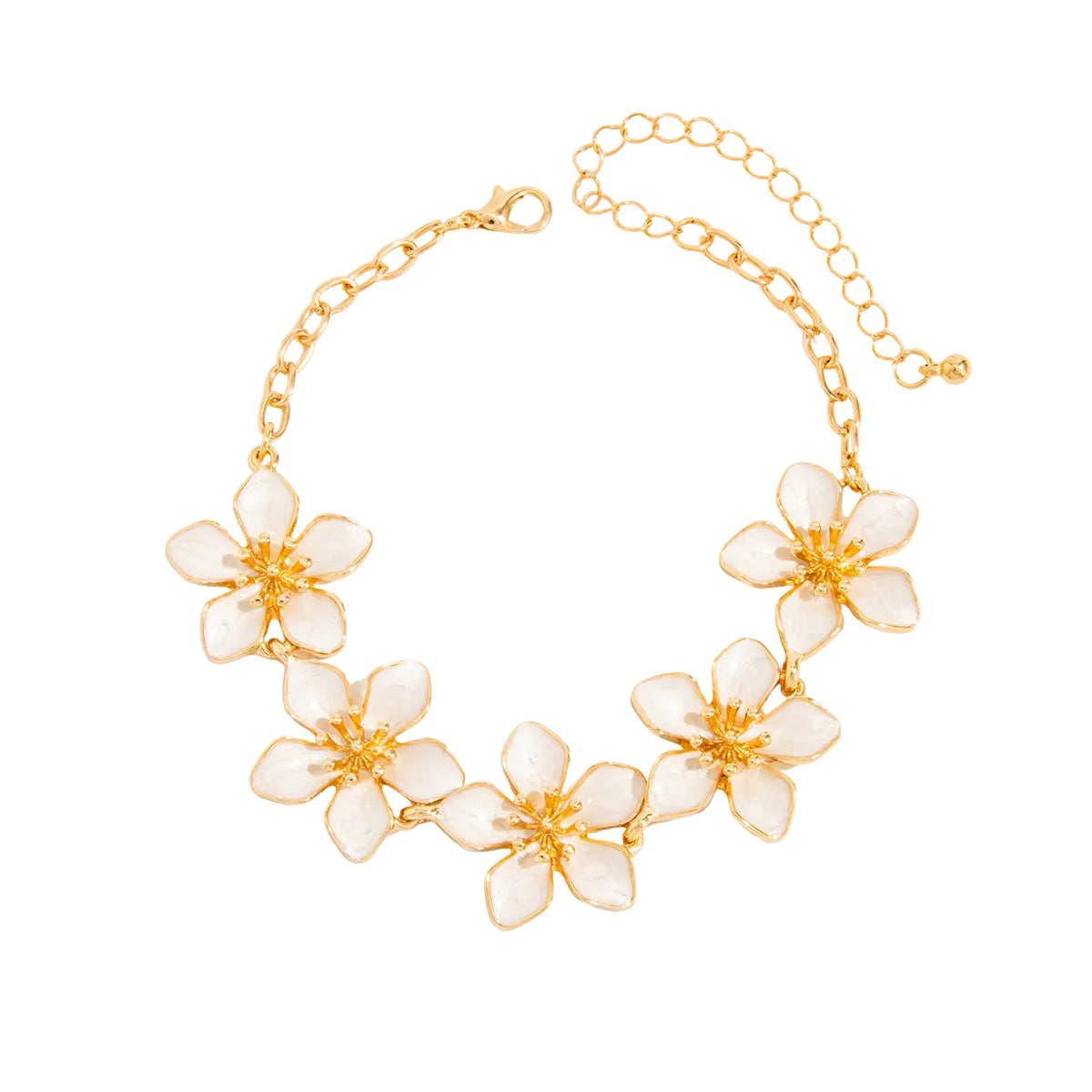 White Enamel & Goldtone Flowers Charm Anklet