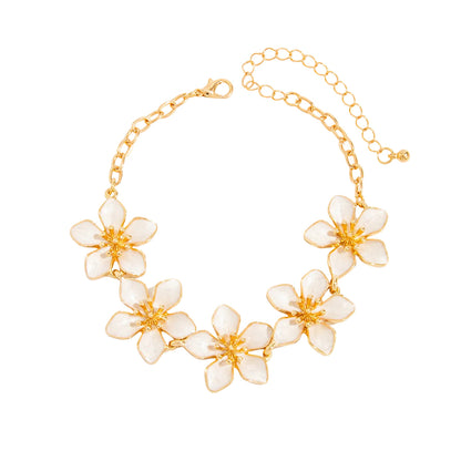White Enamel & Goldtone Flowers Charm Anklet