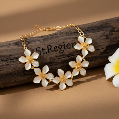 White Enamel & Goldtone Flowers Charm Anklet
