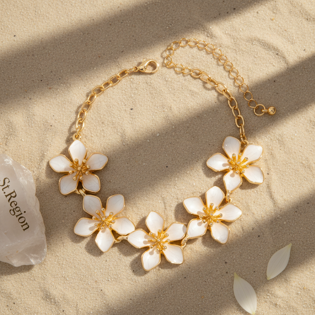White Enamel & Goldtone Flowers Charm Anklet