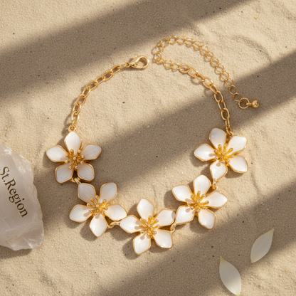White Enamel & Goldtone Flowers Charm Anklet