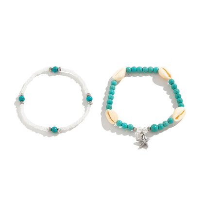 Turqouise & Howlite Shell Silvertone Starfish Charm Stretch Anklet Set