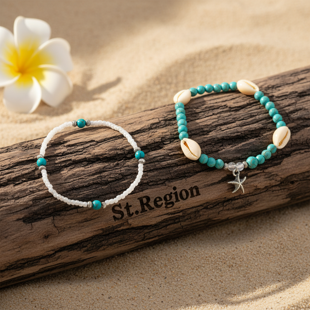 Turqouise & Howlite Shell Silvertone Starfish Charm Stretch Anklet Set