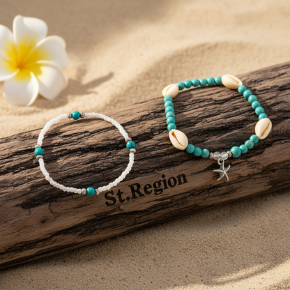 Turqouise & Howlite Shell Silvertone Starfish Charm Stretch Anklet Set