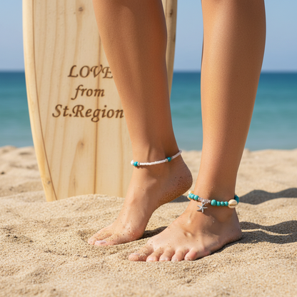 Turqouise & Howlite Shell Silvertone Starfish Charm Stretch Anklet Set