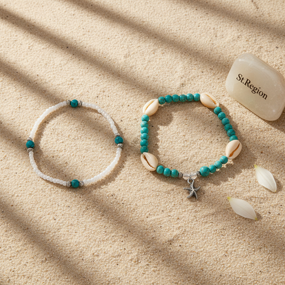 Turqouise & Howlite Shell Silvertone Starfish Charm Stretch Anklet Set