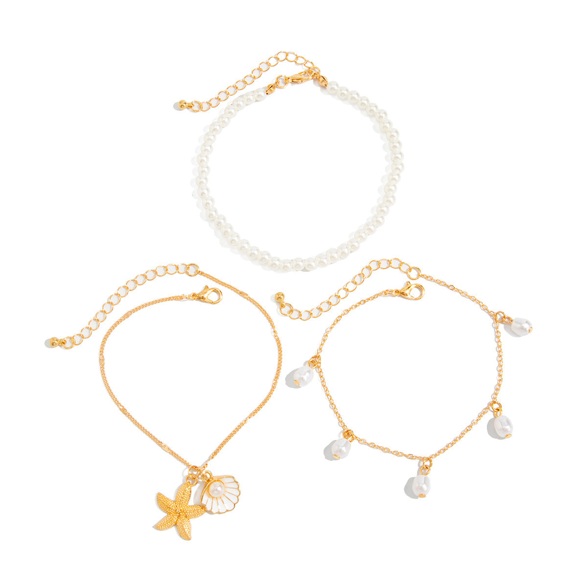 Pearl & White Enamel Goldtone Shell Starfish Charm Anklet Set
