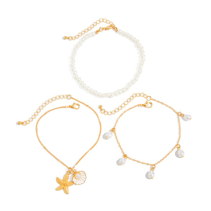 Pearl & White Enamel Goldtone Shell Starfish Charm Anklet Set