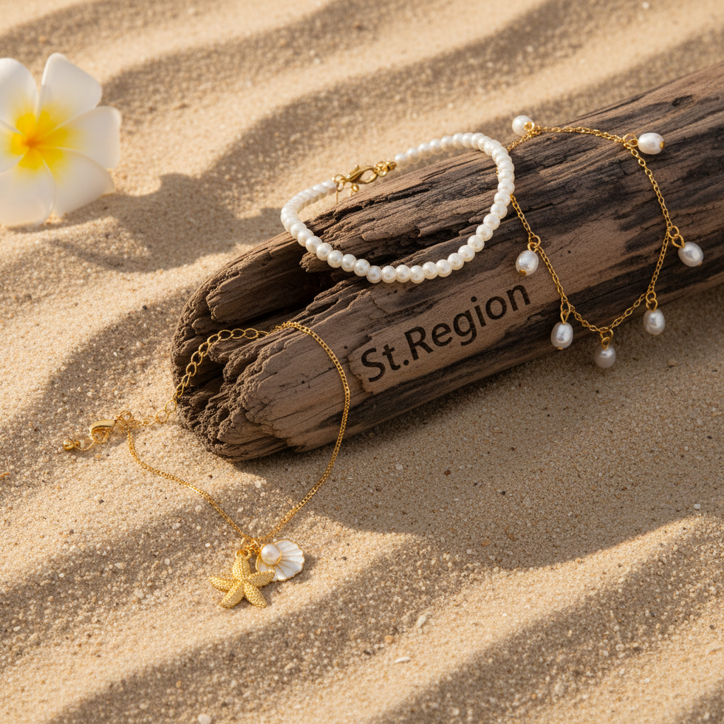 Pearl & White Enamel Goldtone Shell Starfish Charm Anklet Set
