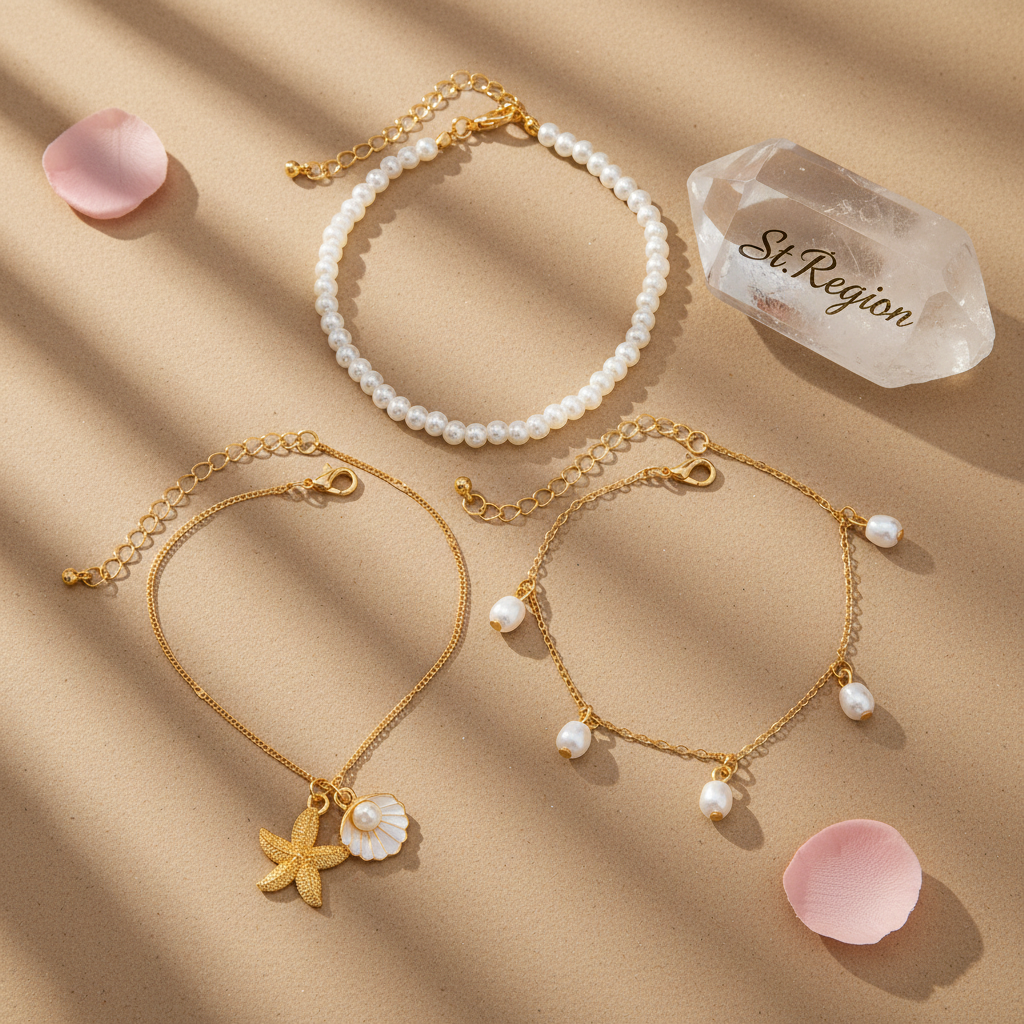 Pearl & White Enamel Goldtone Shell Starfish Charm Anklet Set