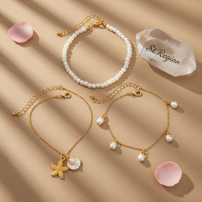 Pearl & White Enamel Goldtone Shell Starfish Charm Anklet Set