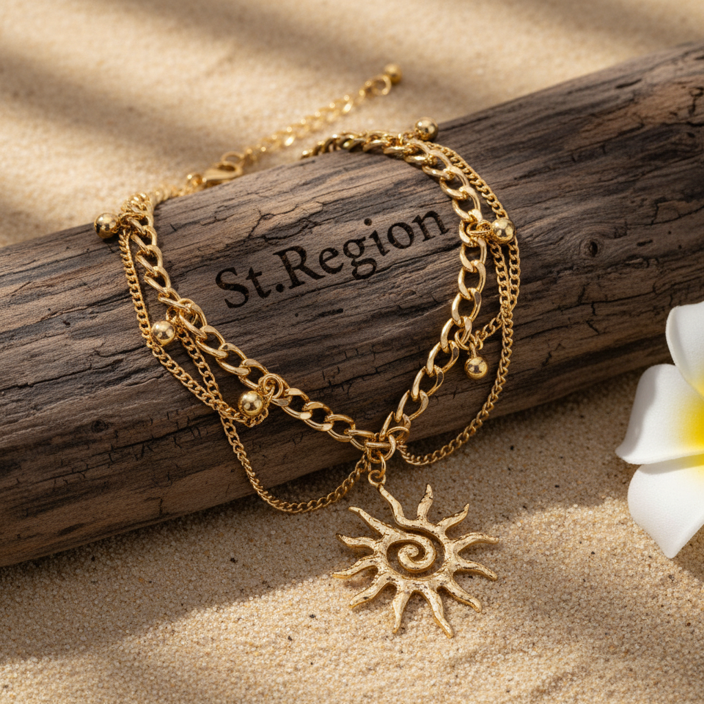Goldtone Sun Charm Layered Anklet