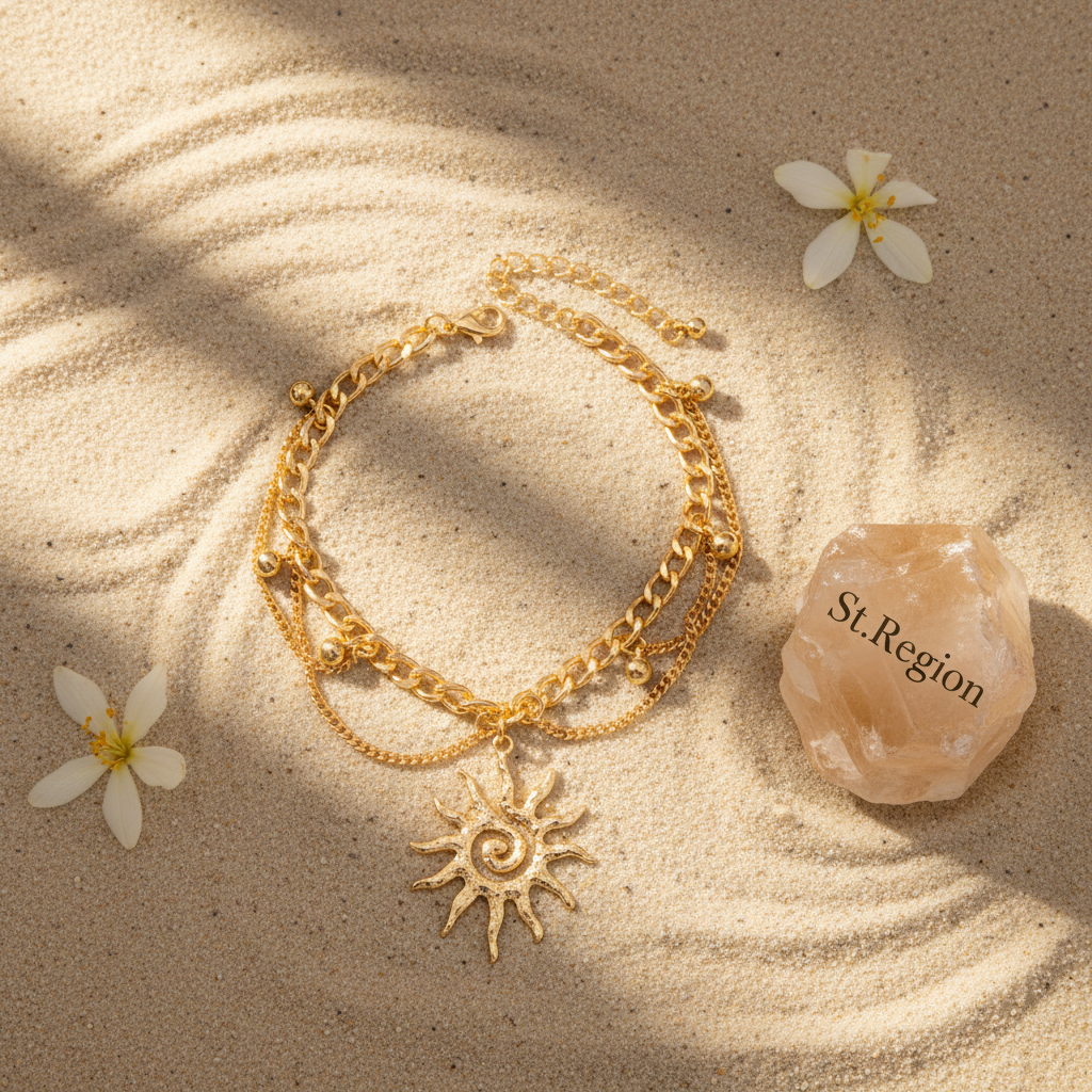 Goldtone Sun Charm Layered Anklet