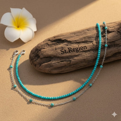 Turqouise & Silvertone Beads Chian Anklet Set