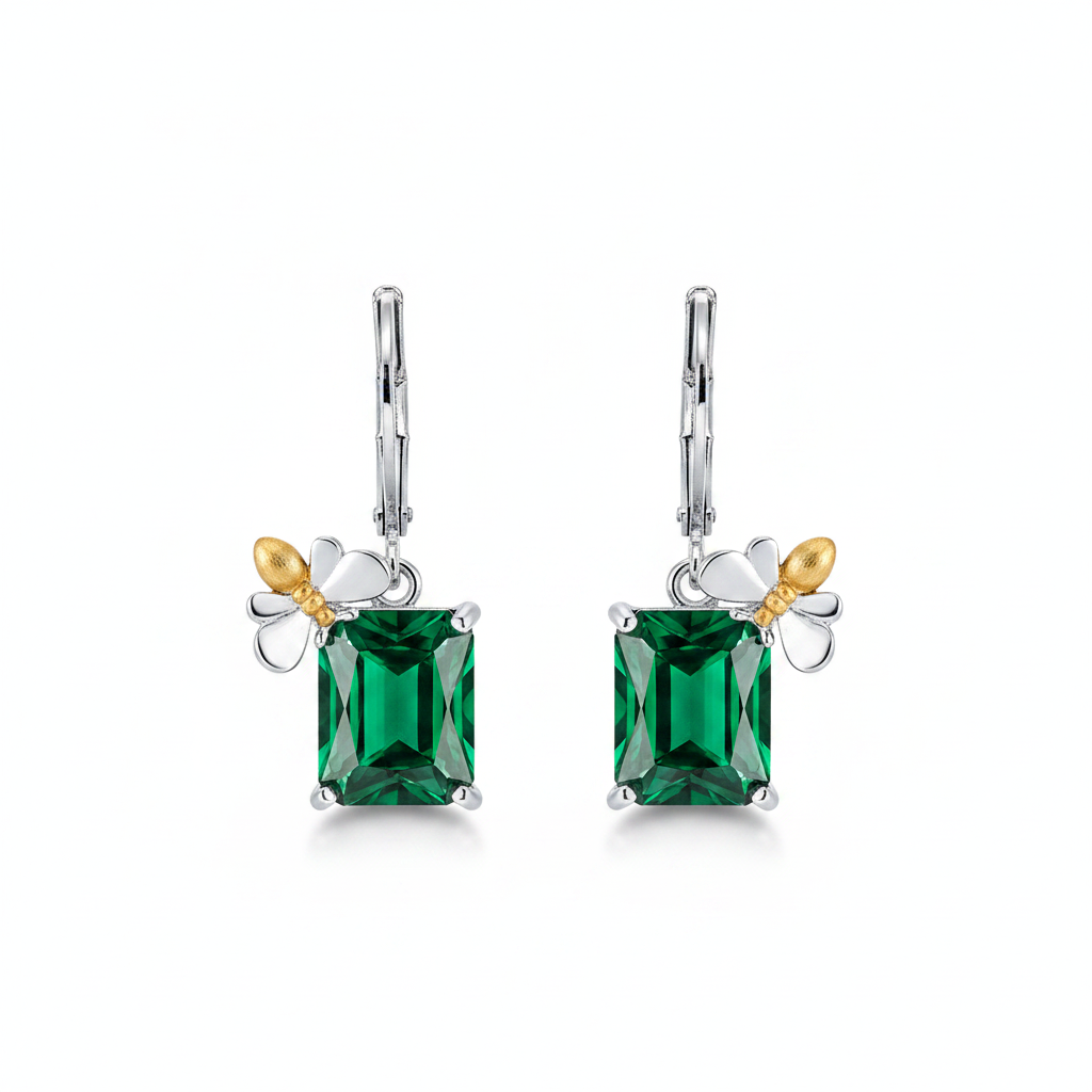 Green Crystal & Two Tone Sqaure Bee Huggie Earrings