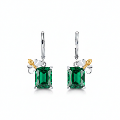 Green Crystal & Two Tone Sqaure Bee Huggie Earrings