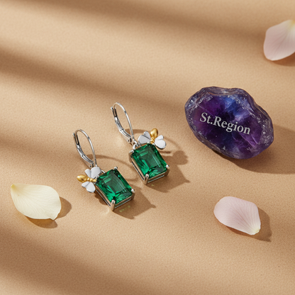 Green Crystal & Two Tone Sqaure Bee Huggie Earrings