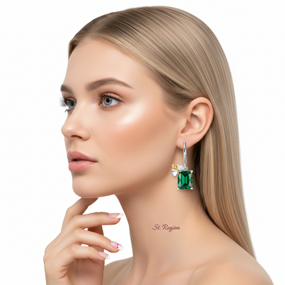 Green Crystal & Two Tone Sqaure Bee Huggie Earrings