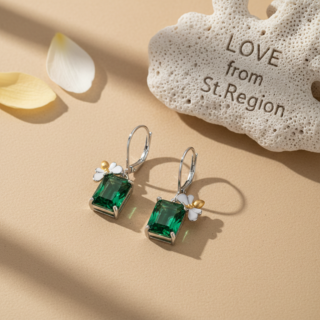Green Crystal & Two Tone Sqaure Bee Huggie Earrings