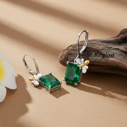 Green Crystal & Two Tone Sqaure Bee Huggie Earrings