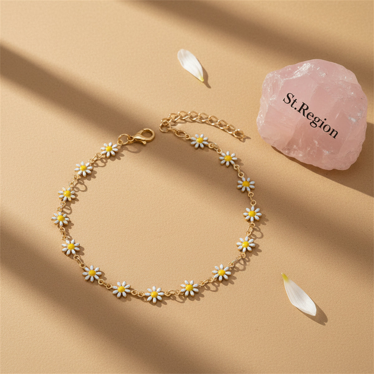 White Enamel & Goldtone Mum Station Chain Anklet