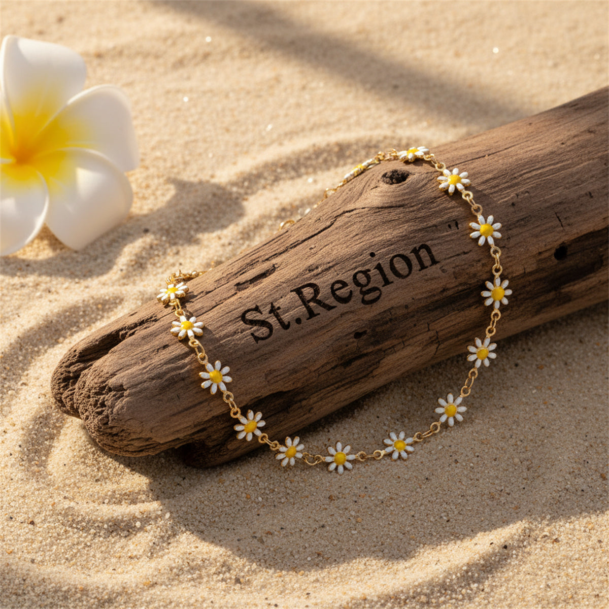 White Enamel & Goldtone Mum Station Chain Anklet
