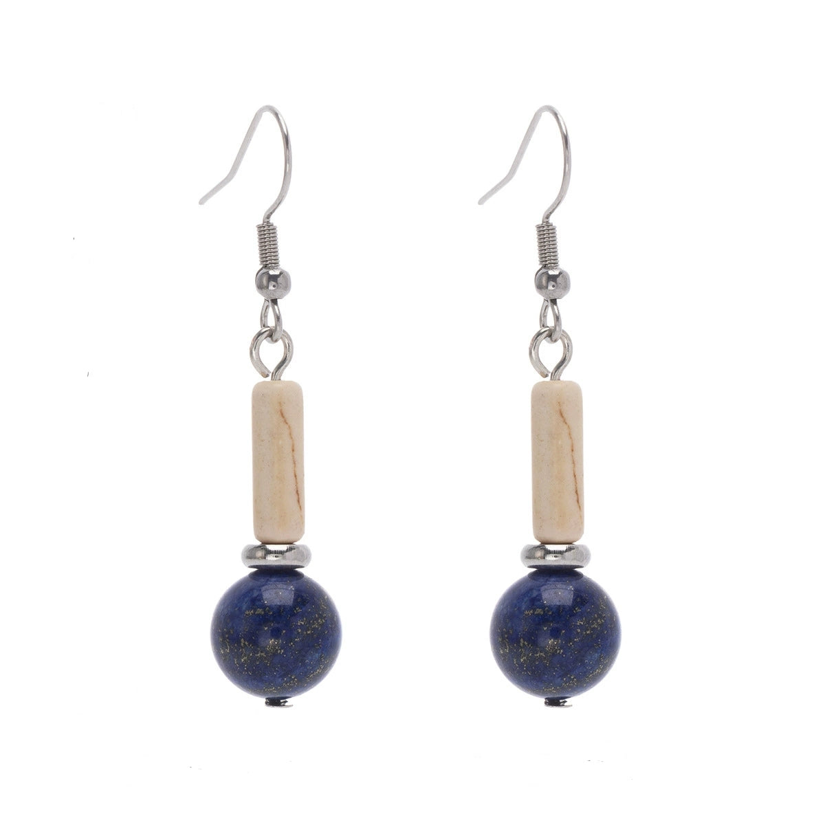 Jade & Lapis Silvertone Cylinder Ball Hook Earrings