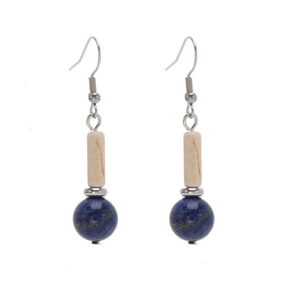 Jade & Lapis Silvertone Cylinder Ball Hook Earrings