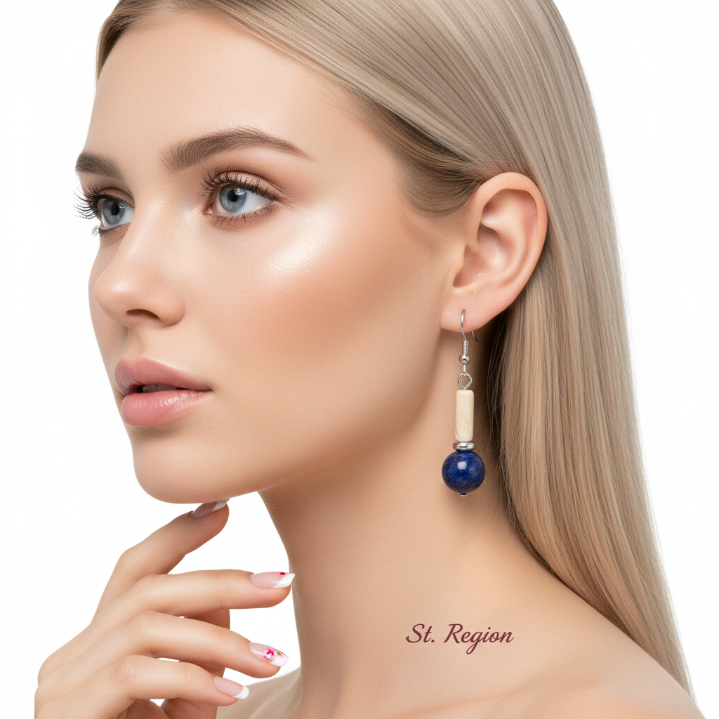 Jade & Lapis Silvertone Cylinder Ball Hook Earrings