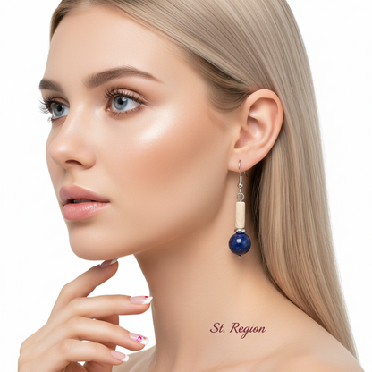 Jade & Lapis Silvertone Cylinder Ball Hook Earrings
